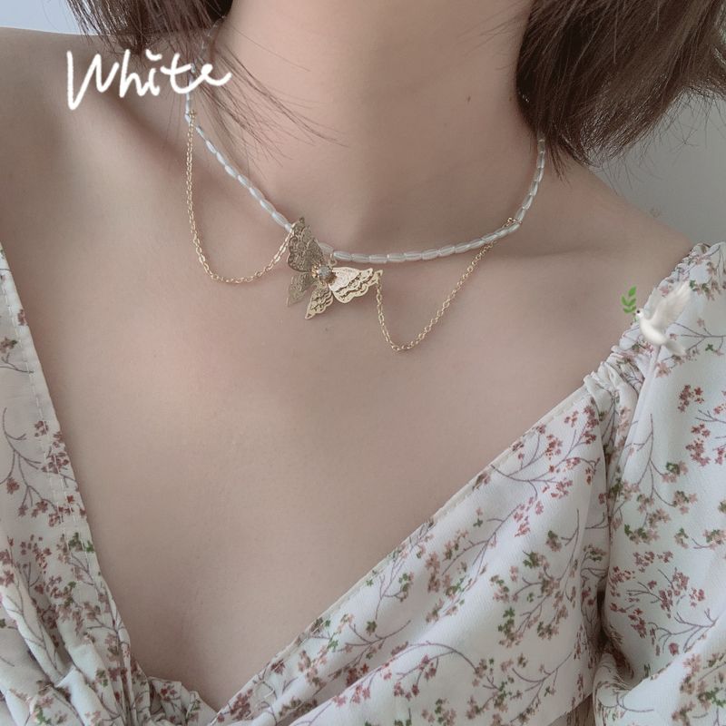 Corée Nouveau Self-made Double Couche Perle Papillon Collier Ras Du Cou Chaîne De Clavicule En Gros Nihaojewelry