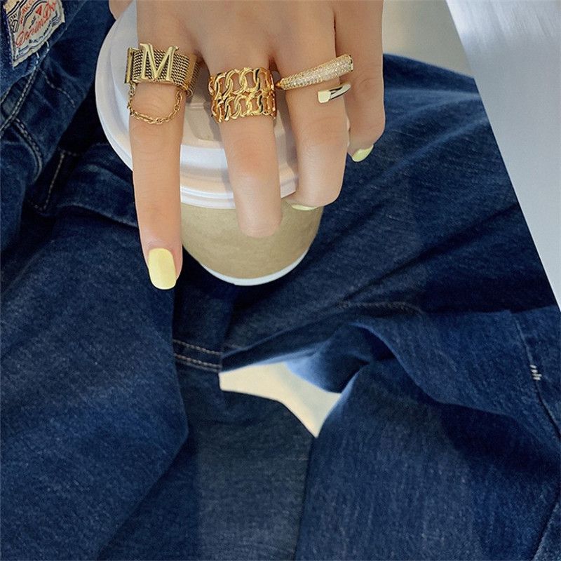 Fashion Personality Ring Letter Chain Micro-set Open Ring Index Finger Ring Wholesale Nihaojewelry