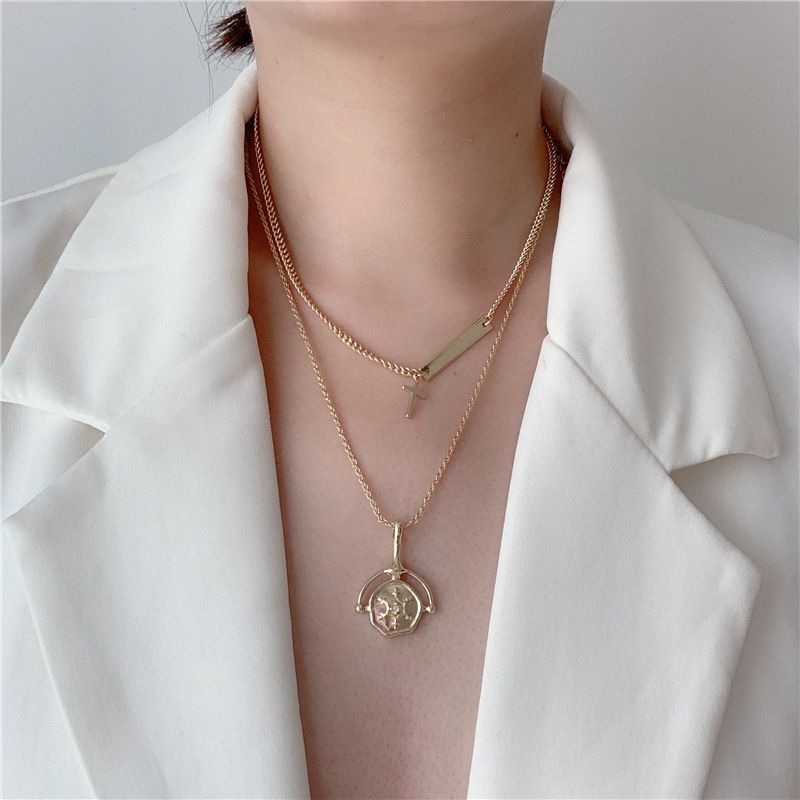 Korean New Metal Chain Choker Double Necklace Clavicle Chain Square Brand Cross Fan Pendant Necklace Wholesale Nihaojewelry