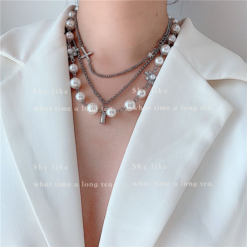 Niche Coréenne Conception Multi-niveaux Croix Perle Clavicule Chaîne Collier Ras Du Cou En Gros Nihaojewelry