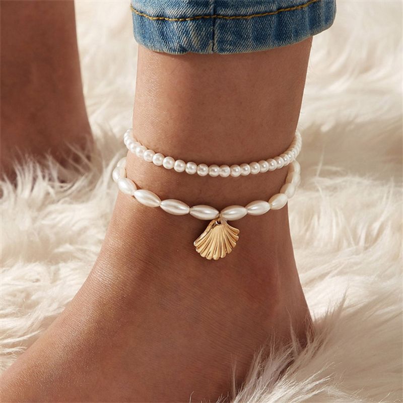 5379 Xiaoyin Europäische Und Amerikanische Grenz Überschreitende Hot Sale Einfache Künstliche Perlen Fächer Muschel Fußkettchen Kreative Retro-anhänger Fuß Dekoration Frauen