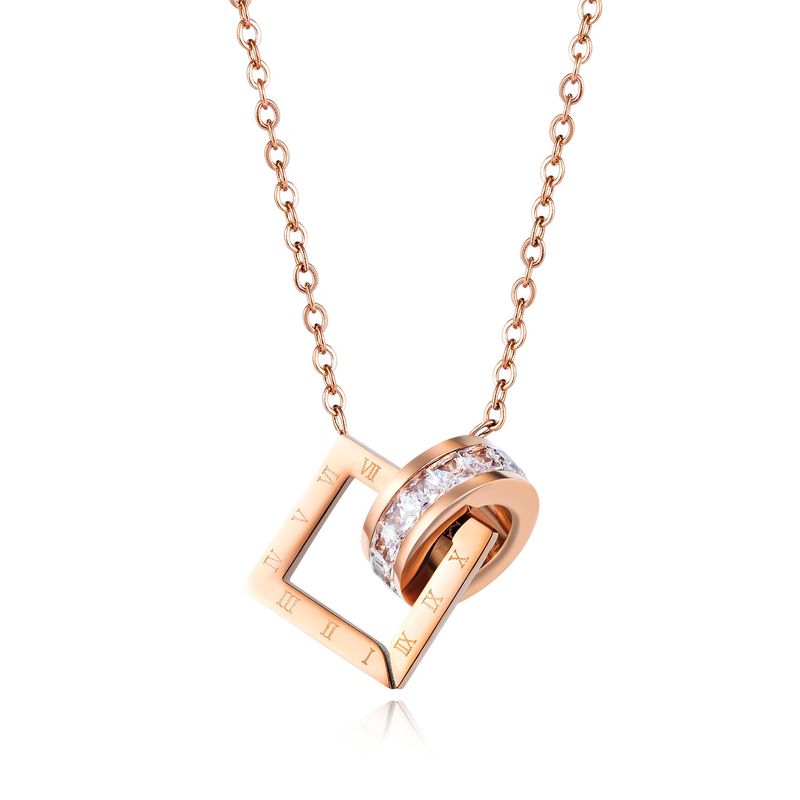 Heißer Verkauf Im Koreanischen Stil Doppel Ring Zirkon Anhänger Klassische Quadratische Römische Digitale Schlüsselbein Kette Damen Edelstahl Halskette