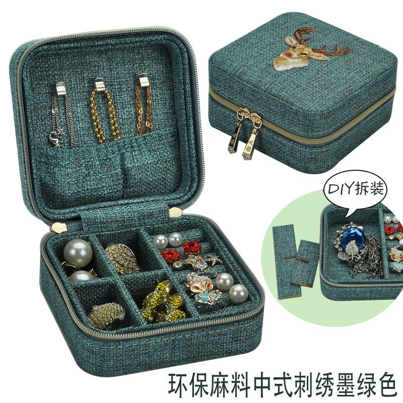 Bucks Embroidery Small Jewelry Box Removable Hemp Material Compact Stud Earrings Storage Box Wholesale Nihaojewelry