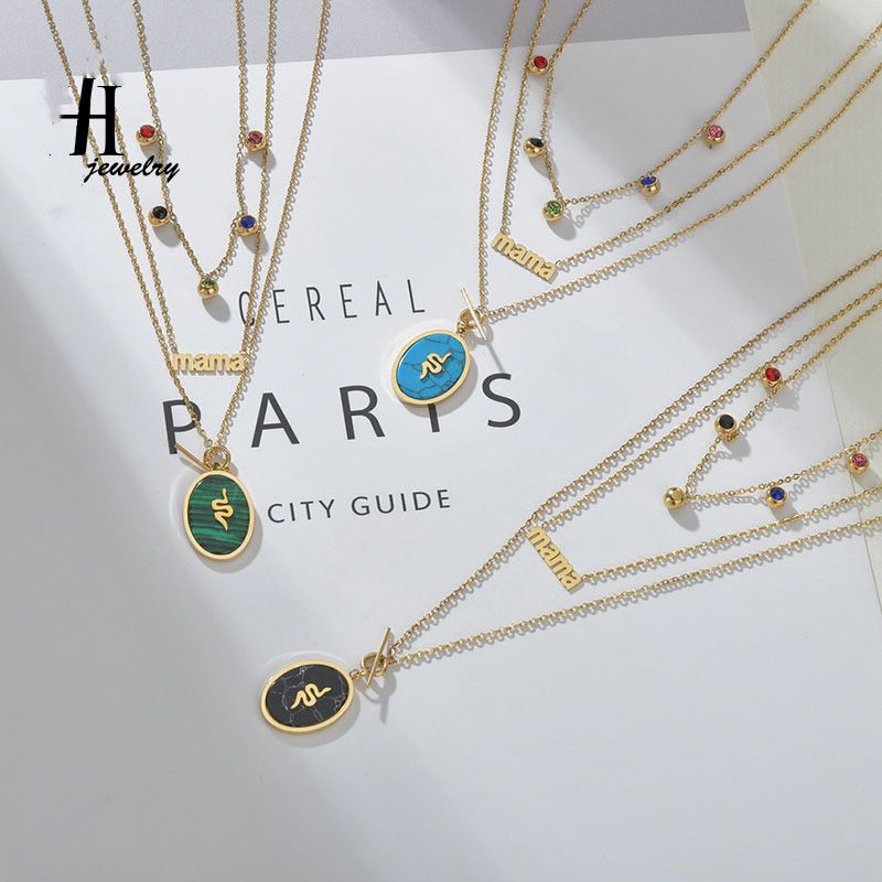Europäische Und Amerikanische Beliebte Kreative Farbe Diamant Smaragd Türkis Mehr Schicht Ige Buchstaben Halskette Edelstahl Ovale Serpentinen Halskette Geschenk