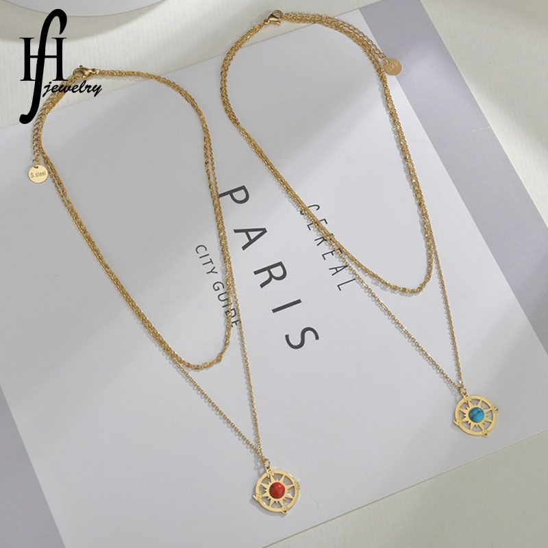 Vintage Hollow Double Sun Round Card Compass Necklace 14k Gold Stainless Steel Octagon Star Necklace