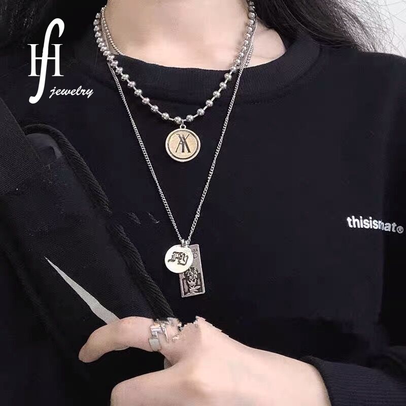 The New Hip-hop Bungee Multi-layer Necklace Stacking Suit Round Bead Titanium Steel Letter Military Brand Punk Necklace