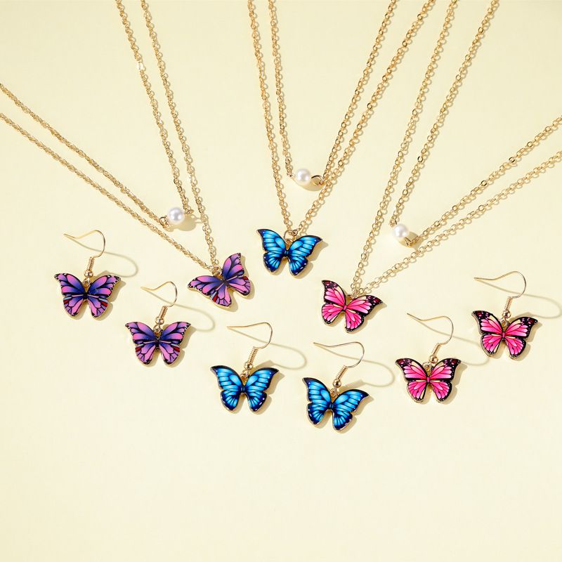 New Fashion Butterfly Necklace Color Double Pearl Butterfly Necklace Elegant Butterfly Earring Set Wholesale