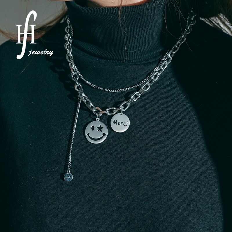 The New Cold Double-layer Expression Smiley Necklace Titanium Steel Hip-hop Tassel Mom Round Letter Alphabet Necklace
