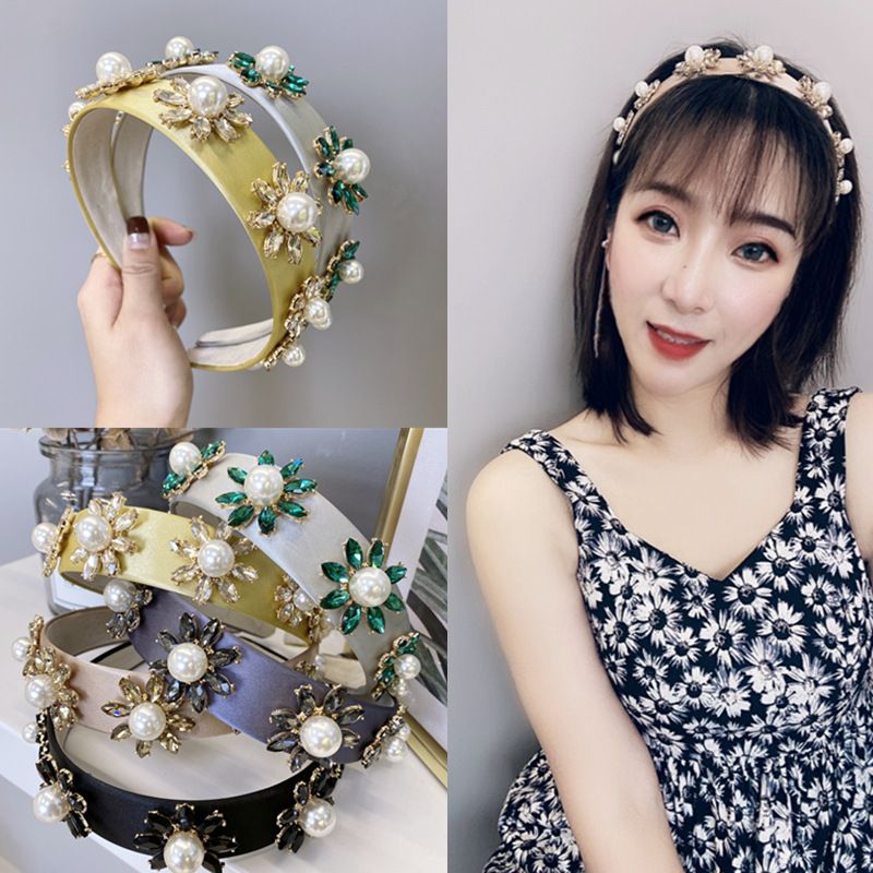 Korean New Baroque Headband Solid Color Satin Diamond Pearl Flower Headband Nihaojewelry Wholesale