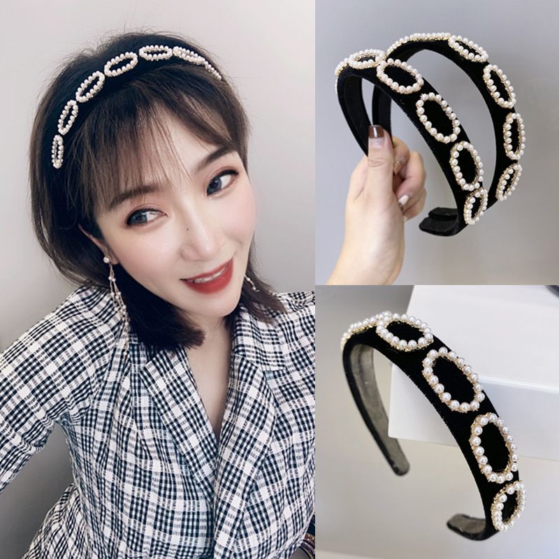 Korean Fashion Pearl Headband Bm Solid Color Sponge Headband Flannel Alloy Inlaid Pearl Hollow Wide-brimmed Headband Nihaojewelry Wholesale