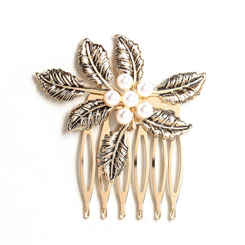 New Retro Diamond Hair Comb Inserted Comb Leaves Pearl Fashion Hairpin Wholesale