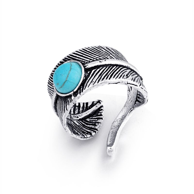 Cross-border Hot Selling Ornament European Vintage Feather Inlaid Turquoise Ring Men's Opening Ring  Burst