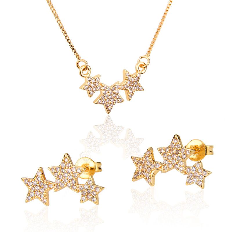 Hot Sale Three-rose Five-pointed Star Earrings Necklace Set Hot New Gold-plated Star Pendant Ear Pin Wholesale Nihaojewelry