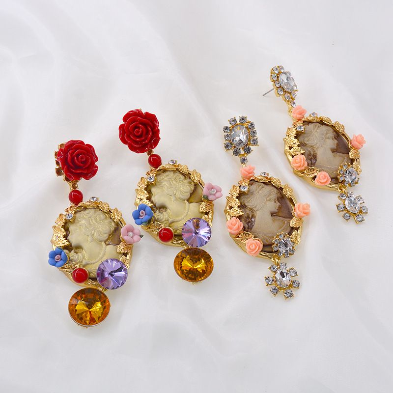 New Retro Baroque Crystal Relief Queen Beauty Portrait Temperament Literature And Art Earrings With Accessories Wholesale Nihaojewelry