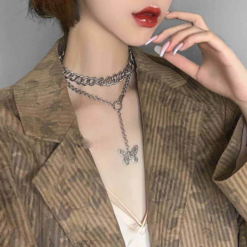 New Fashion Exaggerated Thick Chain Butterfly Necklace Personality Double Neck Chain Hip Hop Pendant Short Clavicle Chain Wholesale Nihaojewelry