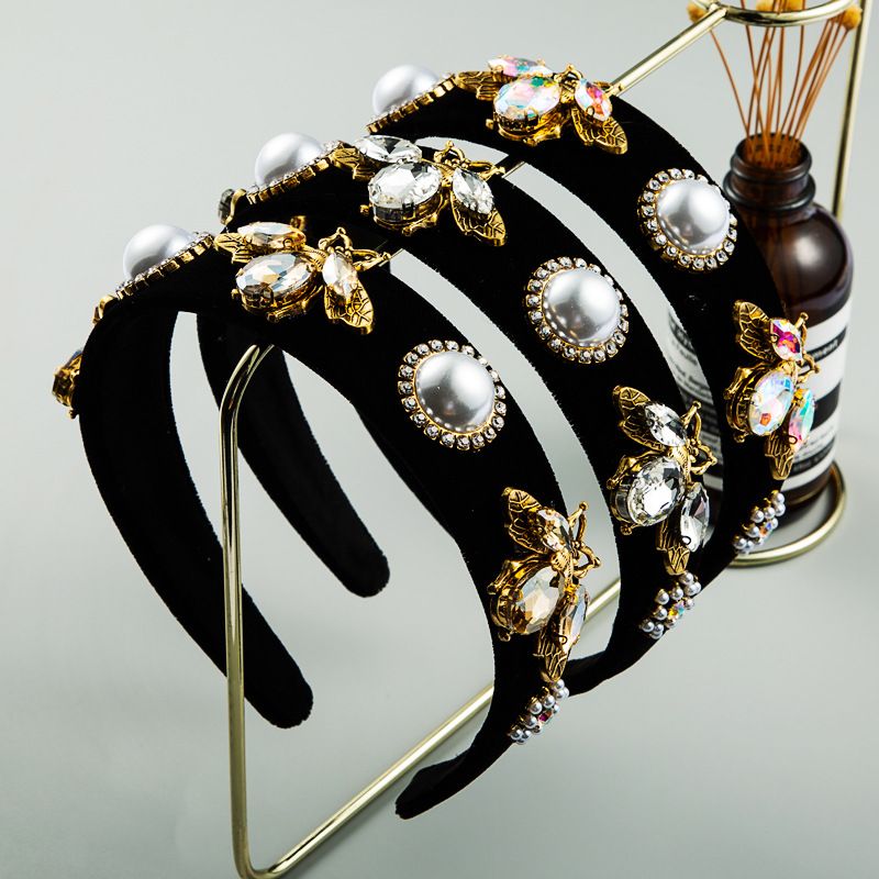 Europäische Und Amerikanische Mode Gold Samt Biene Blume Perle Stirnband Frauen Einfache Und Wilde Breit Krempige Strass-promi-stirnband