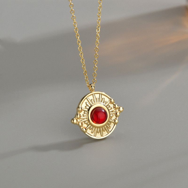 Korea   Hot Sale 14k Gold Simple Boutique Ruby Relief Necklace Round Pendant Wholesale Nihaojewelry