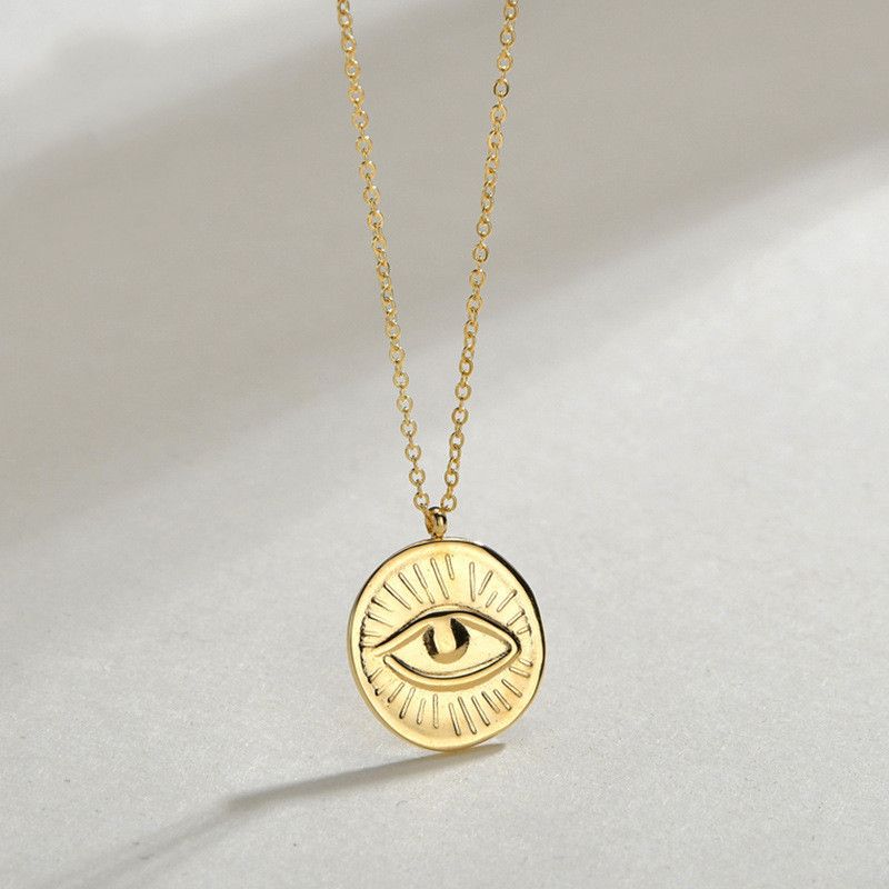 New Products Niche Design 14k Gold Round Brand Relief Demon Eye Necklace Pendant Wholesale Nihaojewelry