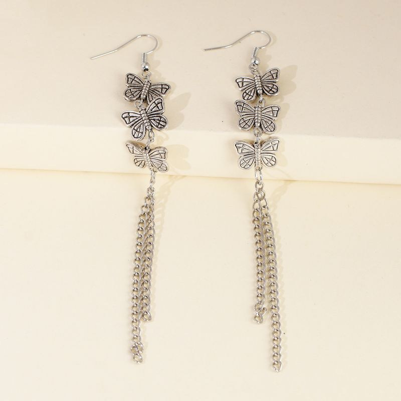 New Retro Ancient Silver Tassel Butterfly Earrings Palace Earrings Simple Wild Ethnic Ear Jewelry Wholesale Nihaojewelry