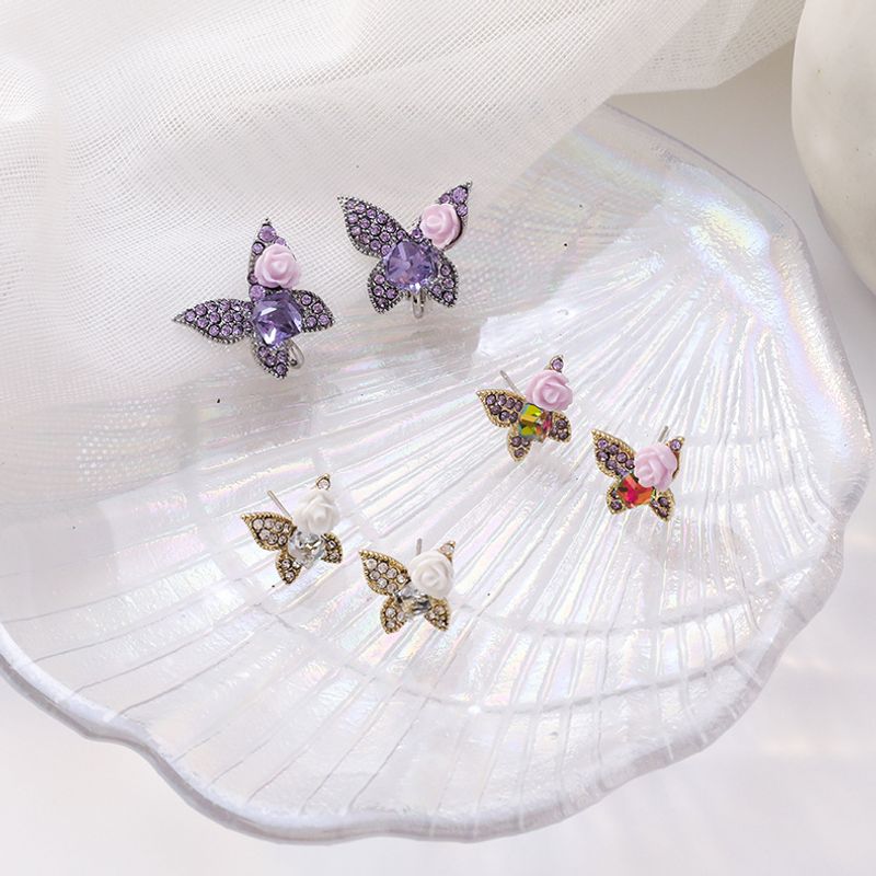 Palace Wind Baroque Rhinestone Flowers Butterfly Earrings Ear Bone Clip Purple Rose Crystal Earrings Wholesale Nihaojewelry