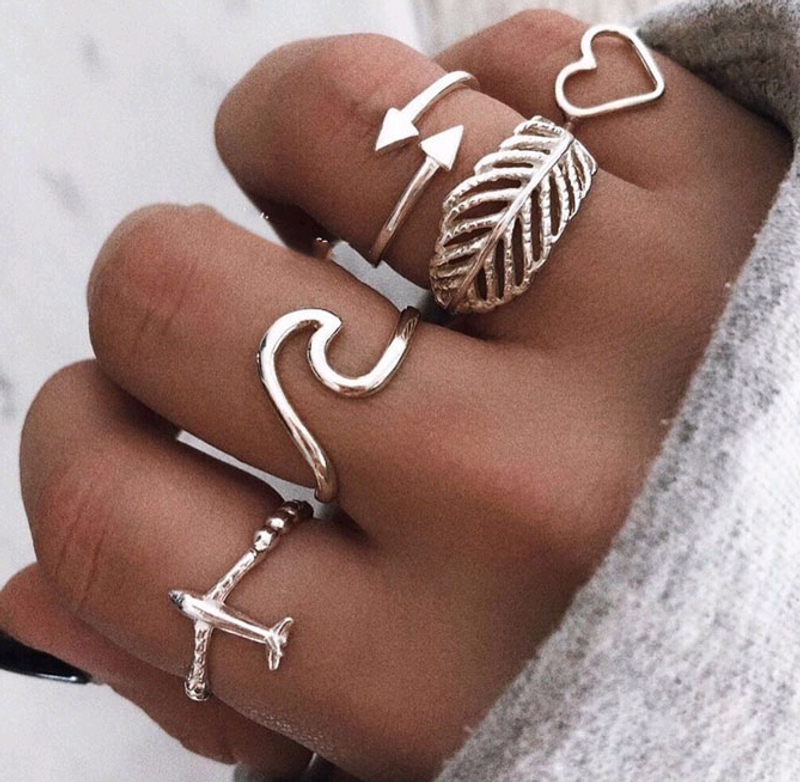 Fashion Metal Simple Aircraft Love Leaf Exaggerated Temperament Combination Ring Wholesale Nihaojewelry