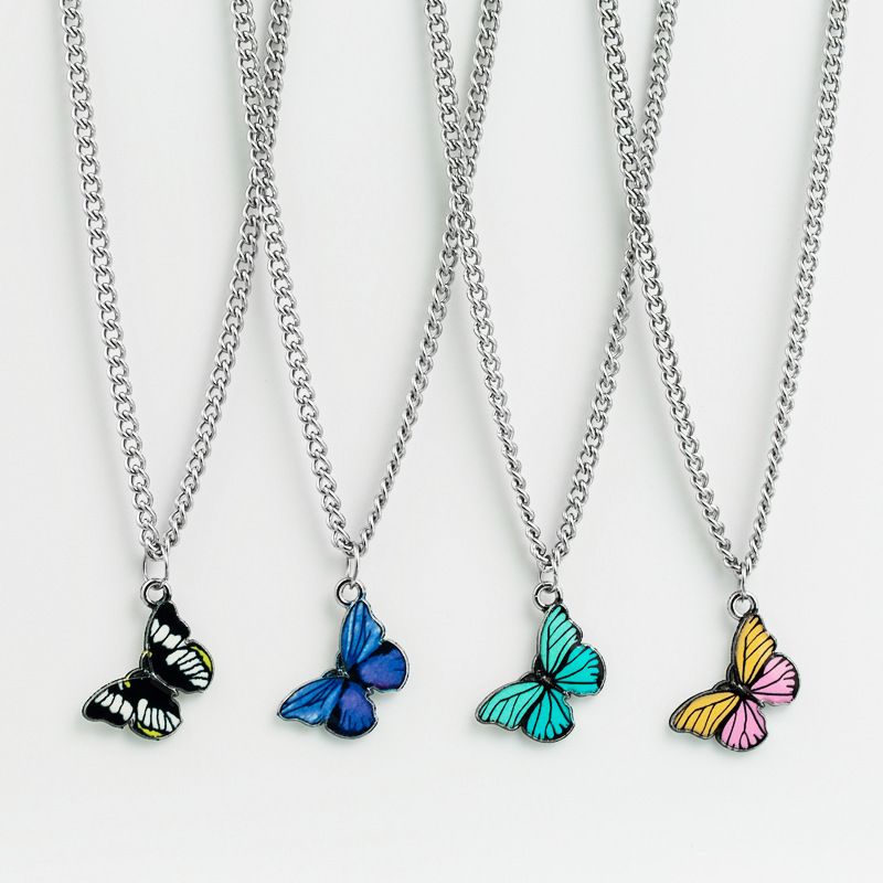Korea Butterfly Necklace Fashion Color Butterfly Necklace Alloy Dripping Color Matching Temperament Hip Hop Clavicle Chain