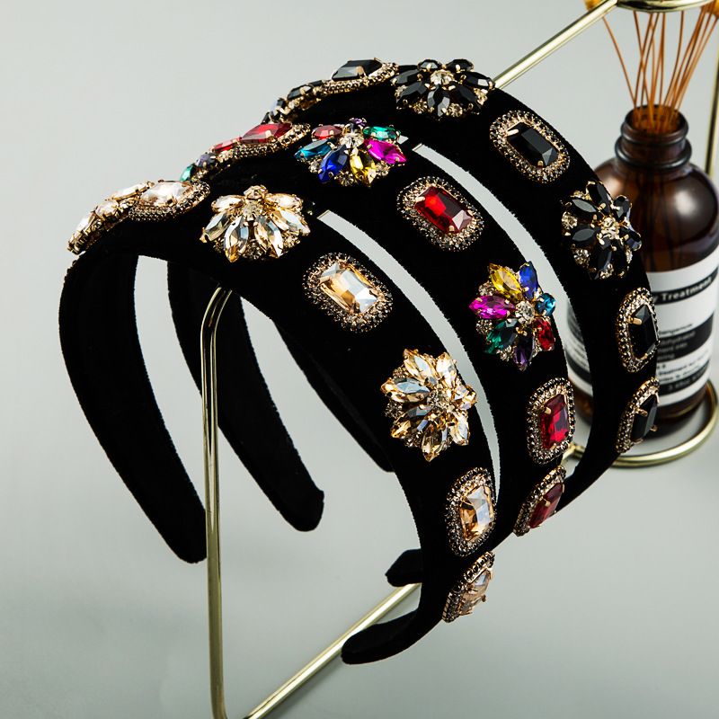 Ins Europäische Und Amerikanische Persönlichkeit Kreative Farbe Strass Blume Stirnband Retro Palast Stil Schwarzes Samt Stoff Stirnband Frauen