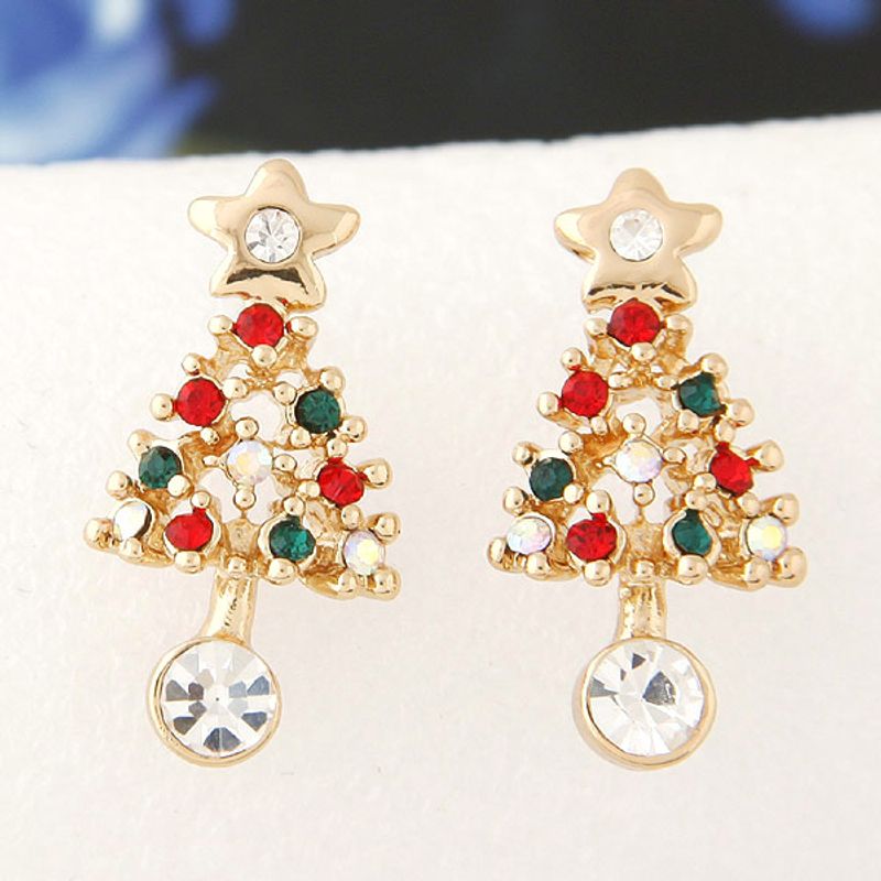 Moda Coreana Dulce Ol Flash Diamante Árbol De Navidad Personalidad Pendientes Venta Al Por Mayor Nihaojewelry