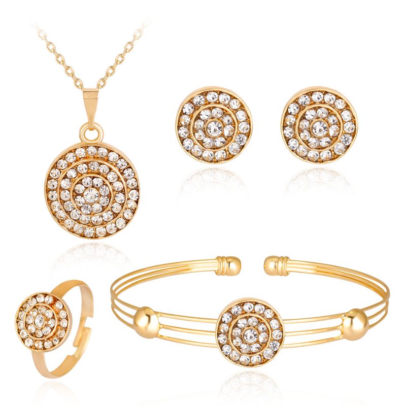 Plating Kc Simple Full Diamond Round Jewelry Necklace Earrings Ring Bracelet Four-piece Set  Wholesale Nihaojewelry