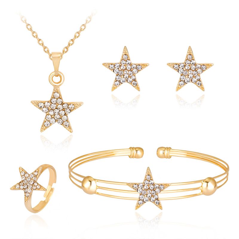 Einfache Und Modische Niedliche Sterns Chmuck Set Legierung Eingelegter Strass Halskette Ohrringe Armband Ring Vierteiliges Set