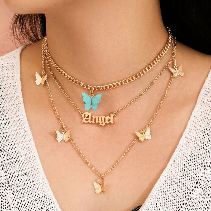 Fashion Wild Accessories Popular Alloy Butterfly English Three-piece Necklace Clavicle Chain  Wholesale Nihaojewelry