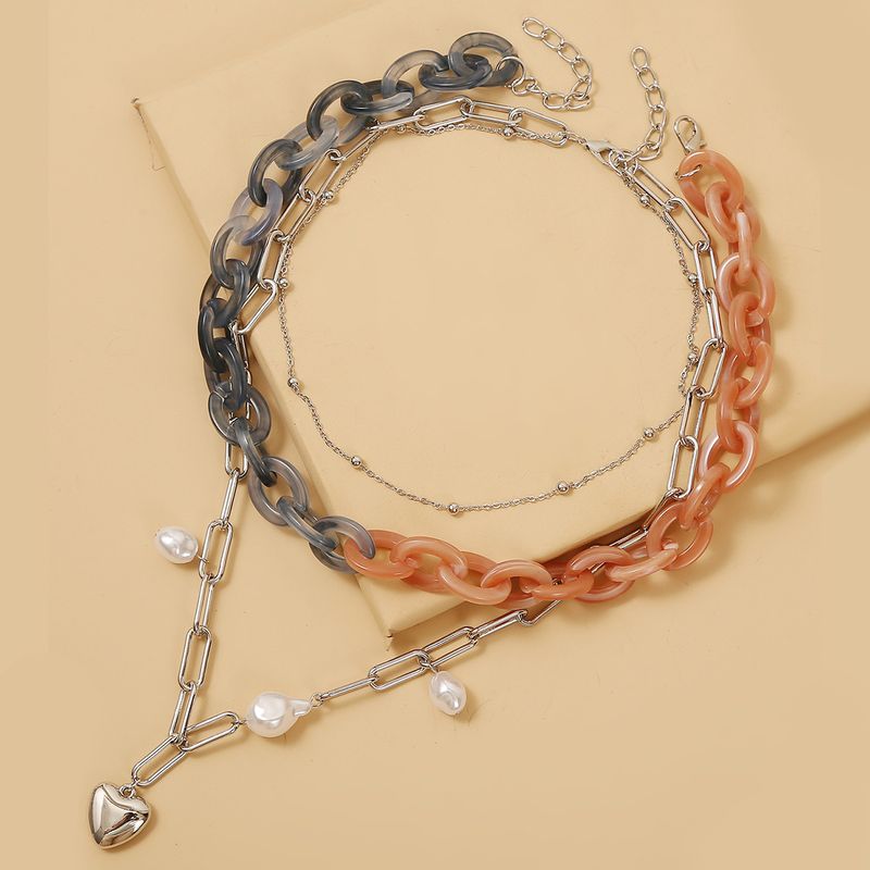 Fashion Alloy Pearl Necklace Pendant Heart Shaped Acrylic Two-piece Clavicle Chain Hot Sale Wholesale Nihaojewelry