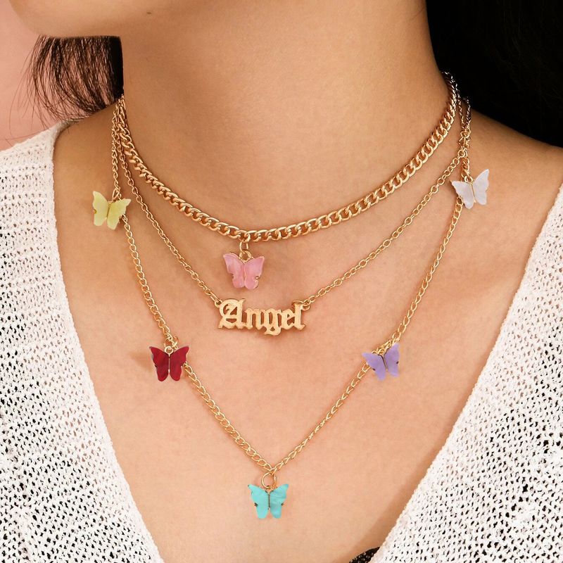 Fashion Wild Accessories Popular Alloy Butterfly English Three-piece Necklace Clavicle Chain Wholesale Nihaojewelry