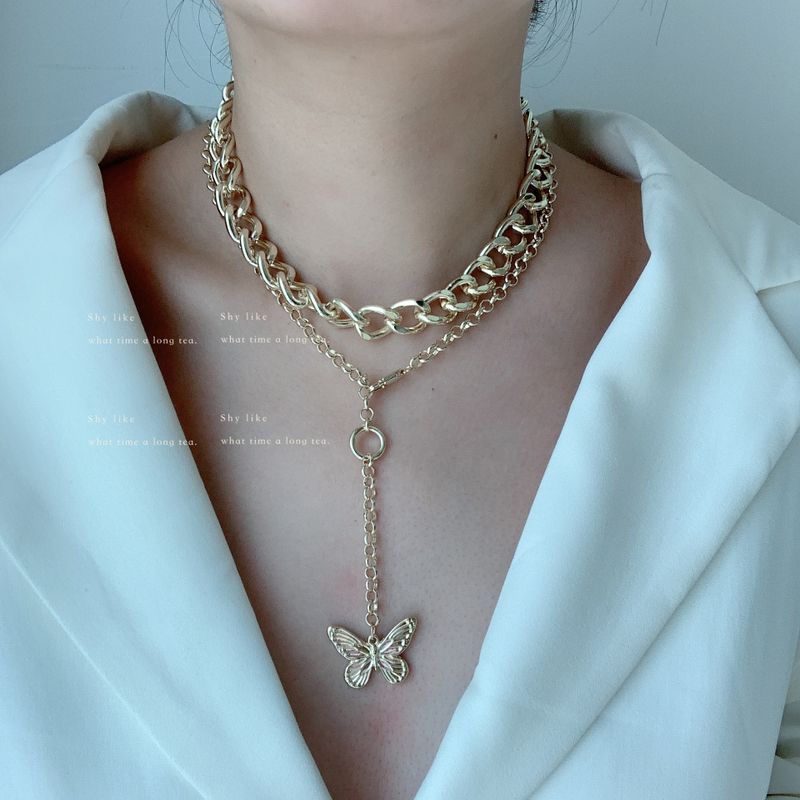 Exaggerated Double Stacking Butterfly Necklace Metal Chain Choker Clavicle Chain Sweater Chain Wholesale Nihaojewelry