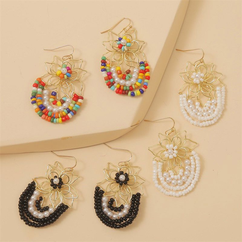 Korean Cute Hand-woven Flowers Rice Beads Resin Earrings Jewelry Wholesale Nihaojewelry