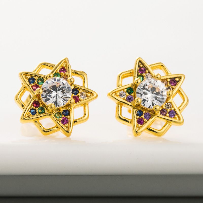 New Original Design Geometric Five-pointed Star Earrings Brass Micro-set Color Zircon Earrings  Wholesale Nihaojewelry