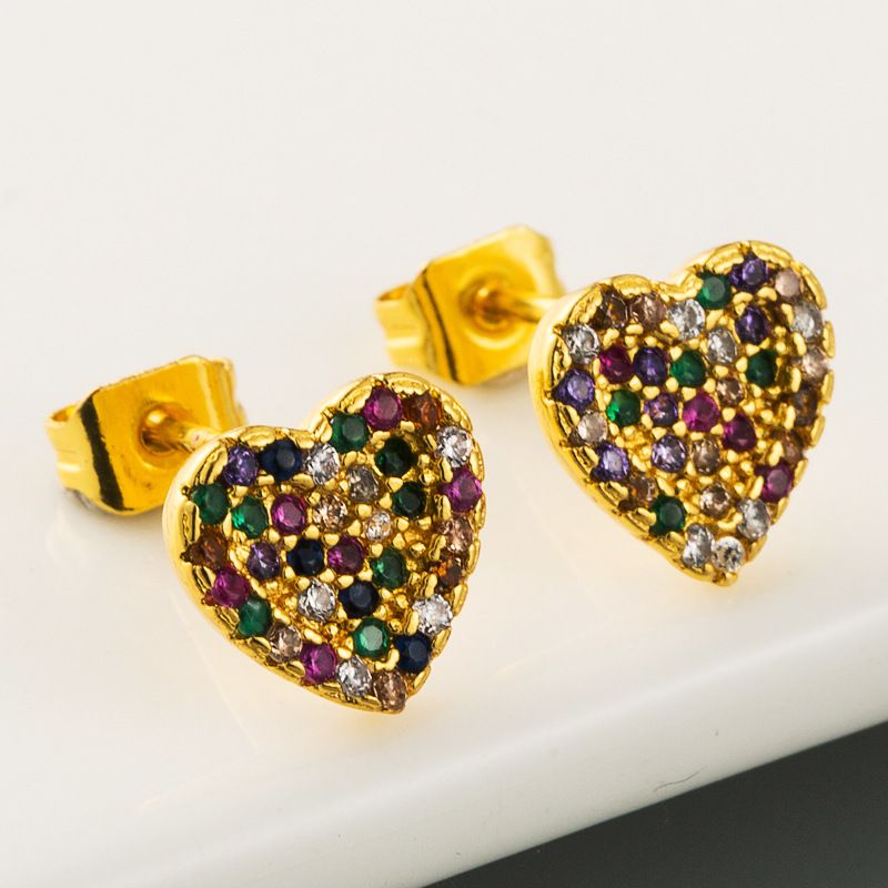 Rainbow Earrings Copper-plated Real Gold-plated Micro-set Zircon Earrings Colored Gemstones Heart-shaped Earrings  Wholesale Nihaojewelry