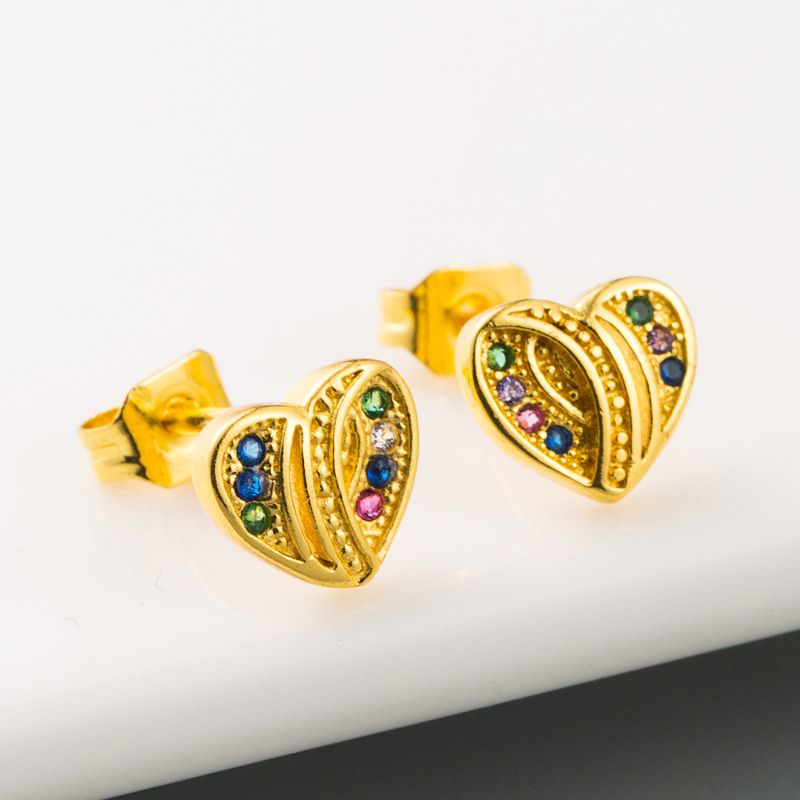 Korea Dongdaemun Hochwertige Herzförmige Ohrringe Kupfer Mikro Eingelegte Farbige Zirkon Ohrringe Niedliche Mädchen Herz Temperament Ohrringe