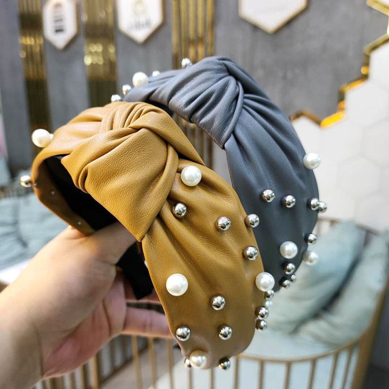 Korean Headband Fashion New High-end Pu Leather Nail Pearl Hair Hoop Simple Wide-edge Hair Headband Wholesale Nihaojewelry