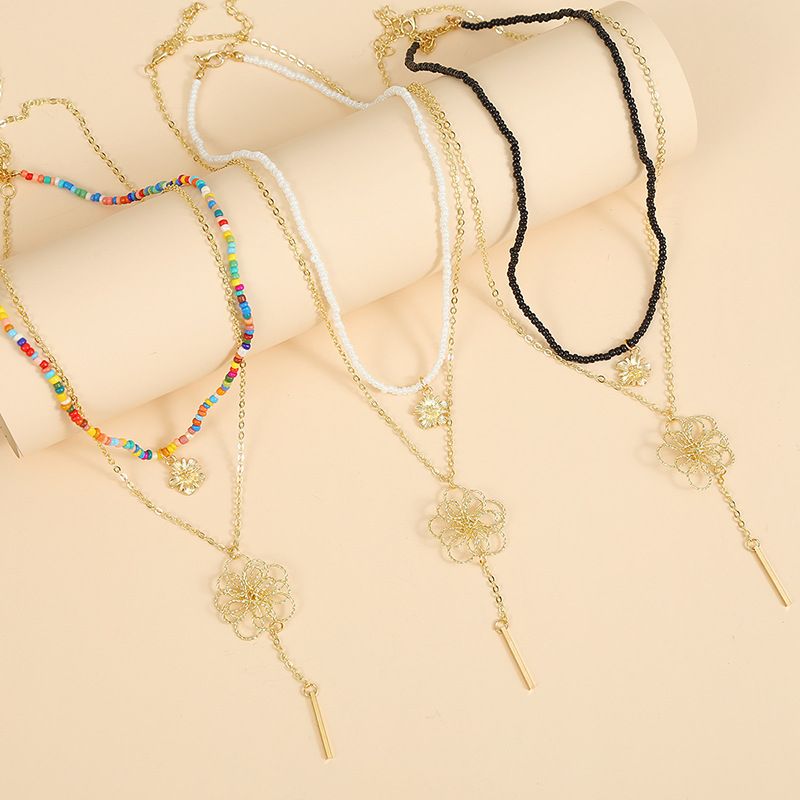Handmade Rice Beads Three Sets Of Multi-layer Necklace Trend Weave Flower Pendant Jewelry Wholesale Nihaojewelry