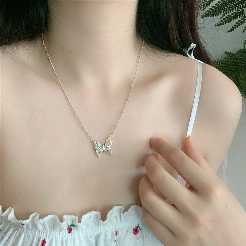 South Korea's New Jewelry Mori Women's Flash Diamond Butterfly Necklace Tide Neck Chain Clavicle Chain Wholesale Nihaojewelry