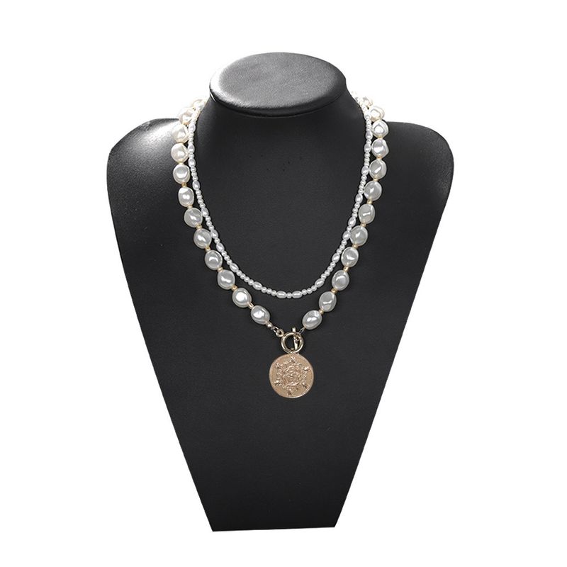 Europäische Und Amerikanische Speziell Geformte Perlen Doppels Chicht Lange Halskette Einfache Und Niedliche Runde Anhänger Nischen Design Einfache Und Modische Halsketten