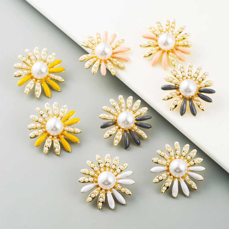 Nuevos Pendientes De Perlas De Aleación De Girasol Señoras S925 Flores De Plata Pendientes De Moda Al Por Mayor Nihaojewelry