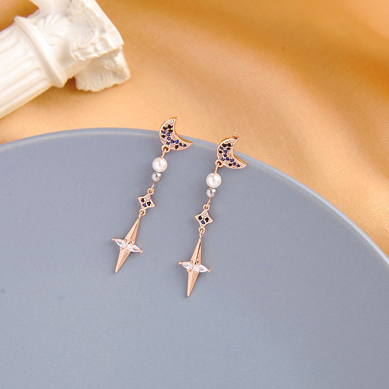 Crystal Diamond Earrings Long Section Moon Earrings Wild Star Pearl Earrings Wholesale Nihaojewelry