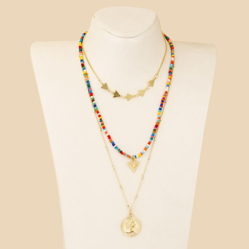 Coins Handmade Rice Beads Three Multi-layer Necklace Creative Woven Triangle Pendant Jewelry Wholesale Nihaojewelry