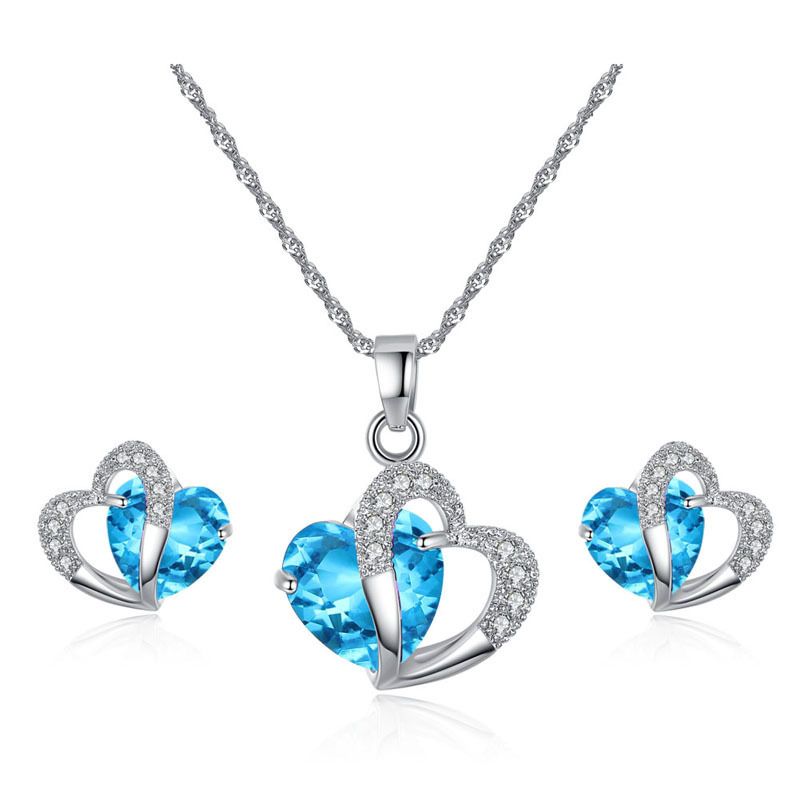 Simple And Stylish Blue Heart Earring Set Zircon Micro Inlaid Double Heart Short Necklace Earring Set Wholesale Nihaojewelry