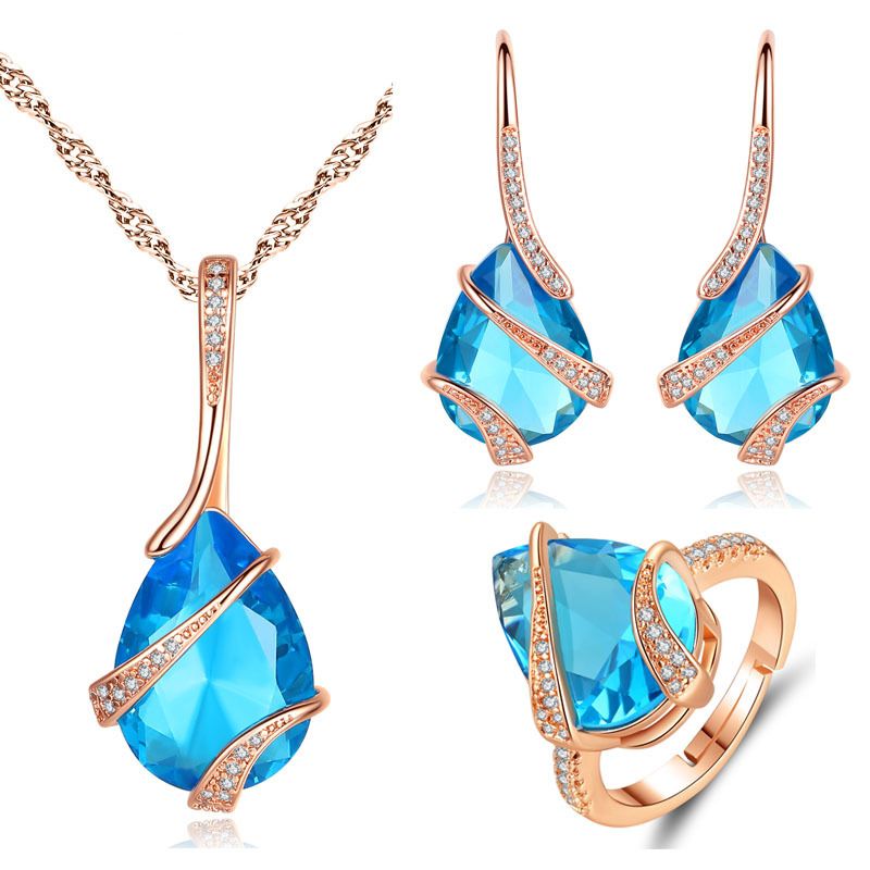 New Aquamarine Water Drop Earrings Necklace Ring Natural Topaz Jewelry Set Wholesale Nihaojewelry