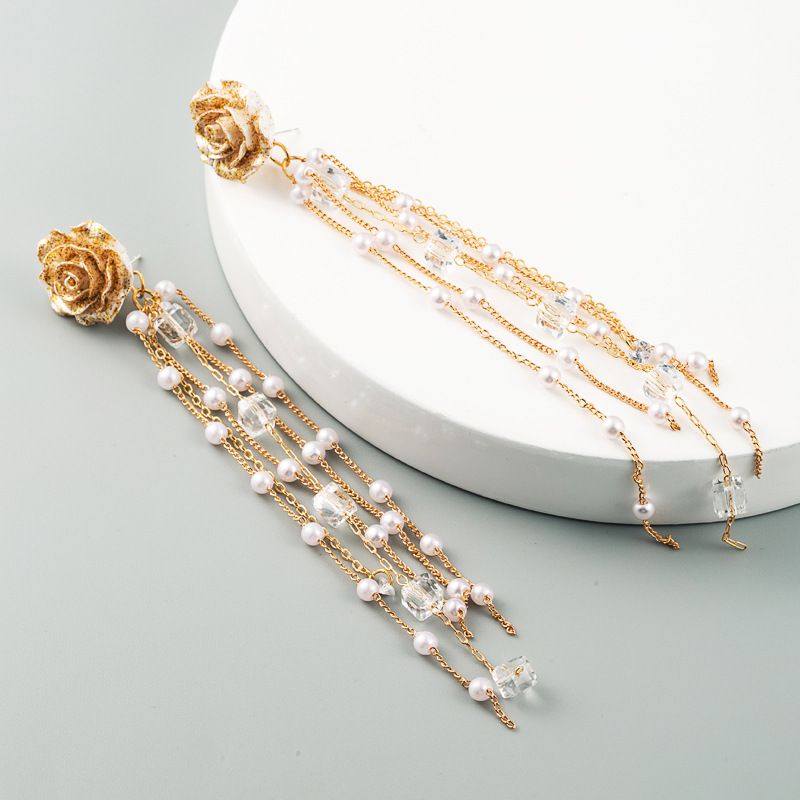 Korean Fashion High-end Luxury Golden Flower Pearl Earrings S925 Silver Needle Tassel Earrings Wholesale Nihaojewelry