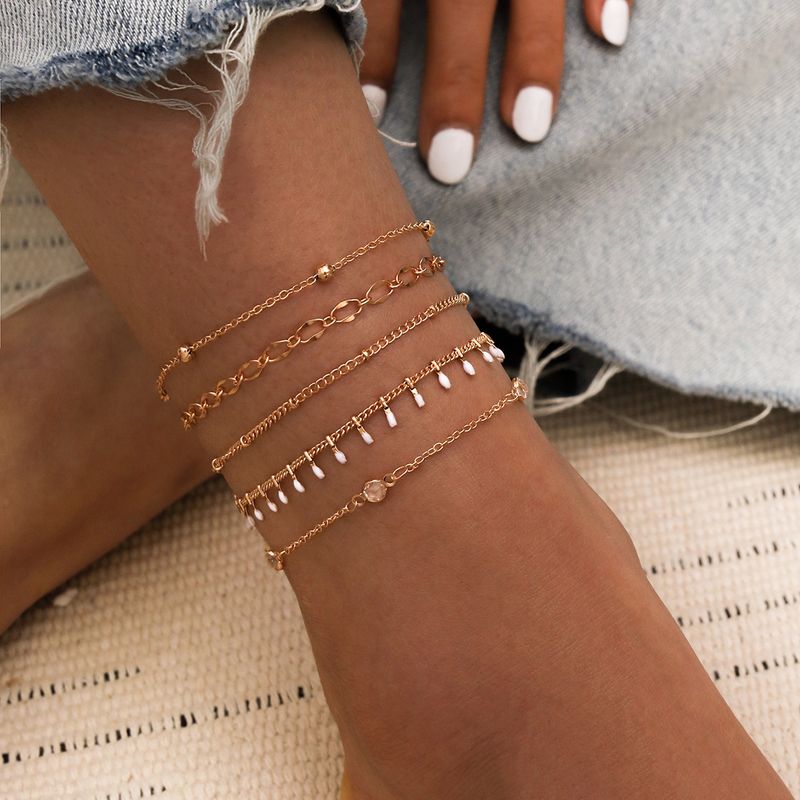 Simple Summer Beach Handmade White Dripping Crystal Bead Chain Five-piece Multi-layer Anklet Set Of 5 Wholesale Nihaojewelry