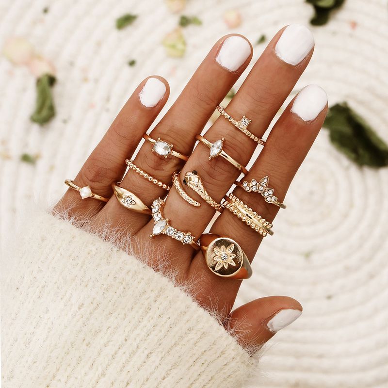 Bohemian Snake-shaped Joint Ring Six-pointed Star Diamond Pearl Ring Set Wholesale Nihaojewelry
